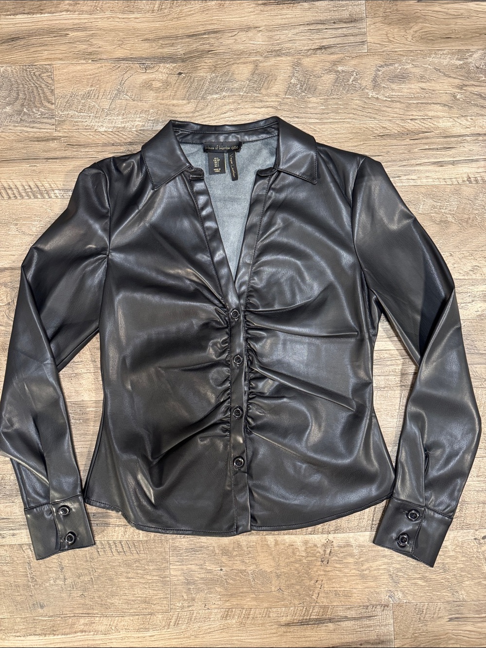 House of Harlow 1960 Black Faux Leather Ruched Button-Front Top - Size S